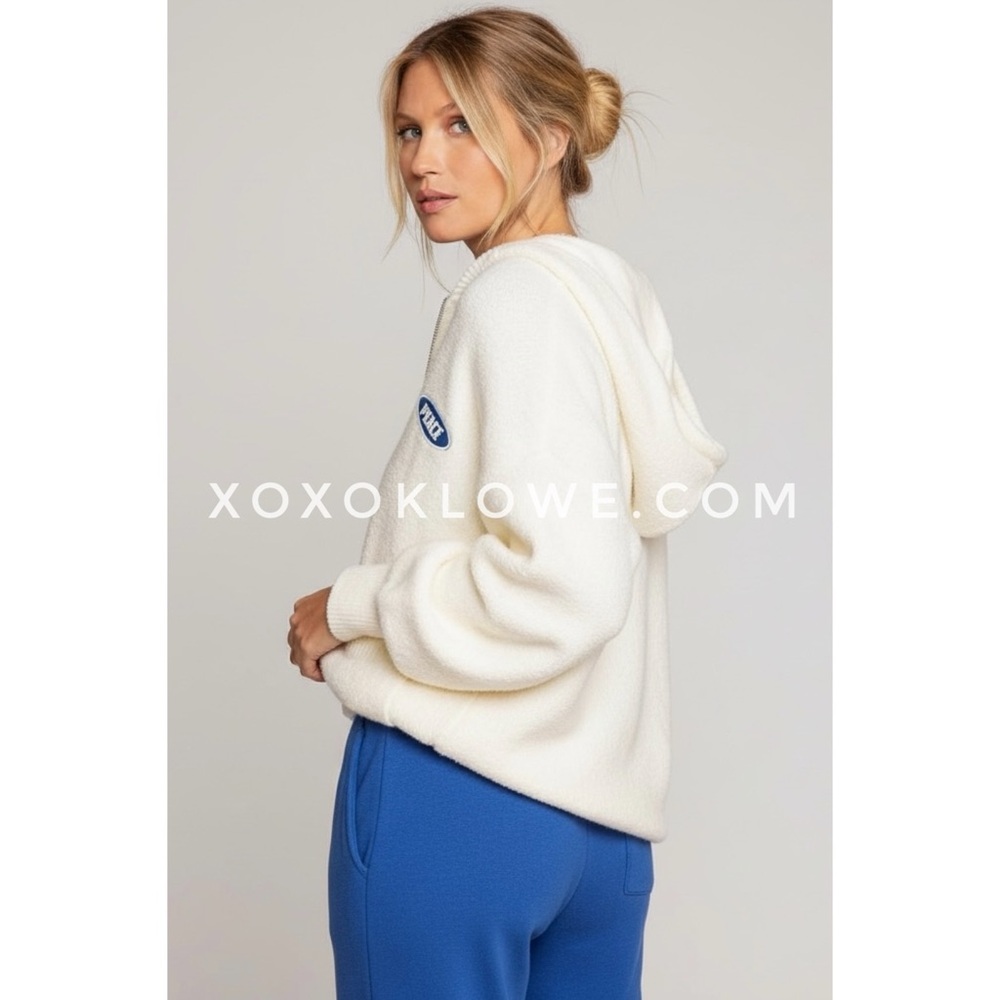 POL Cream Peace Patch Fuzzy Knit Hoodie | Oversized Zip Sweater - Picture 6 of 8